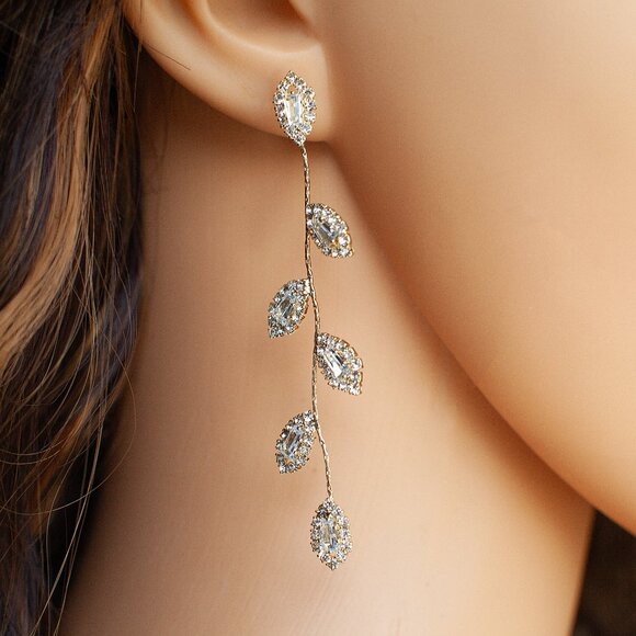 Long Crystal Drop Gold Vine Earrings, Wedding, Bride - Picture 4 of 4